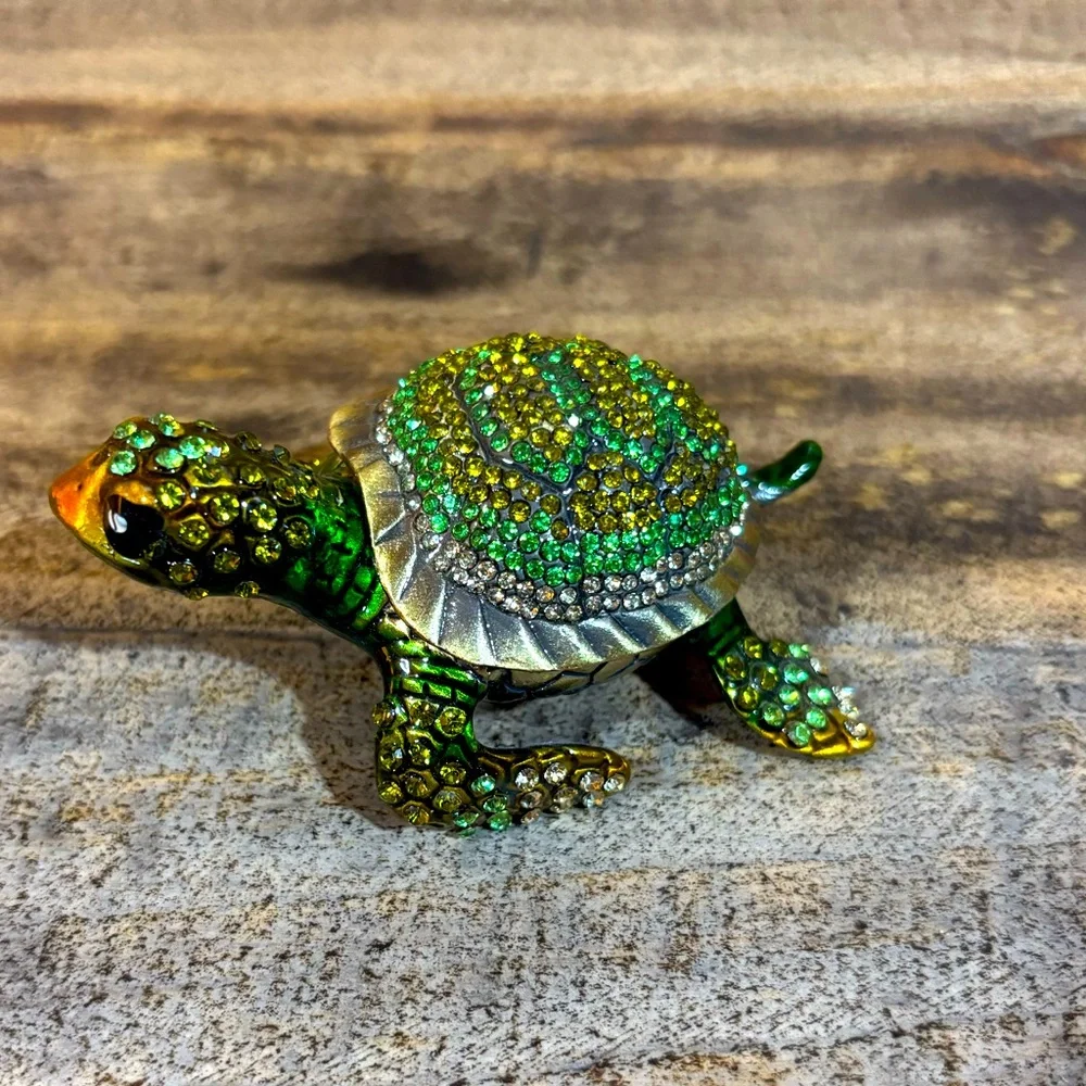 Green and Gold Rhinestone Turtle Jewelry Keeper